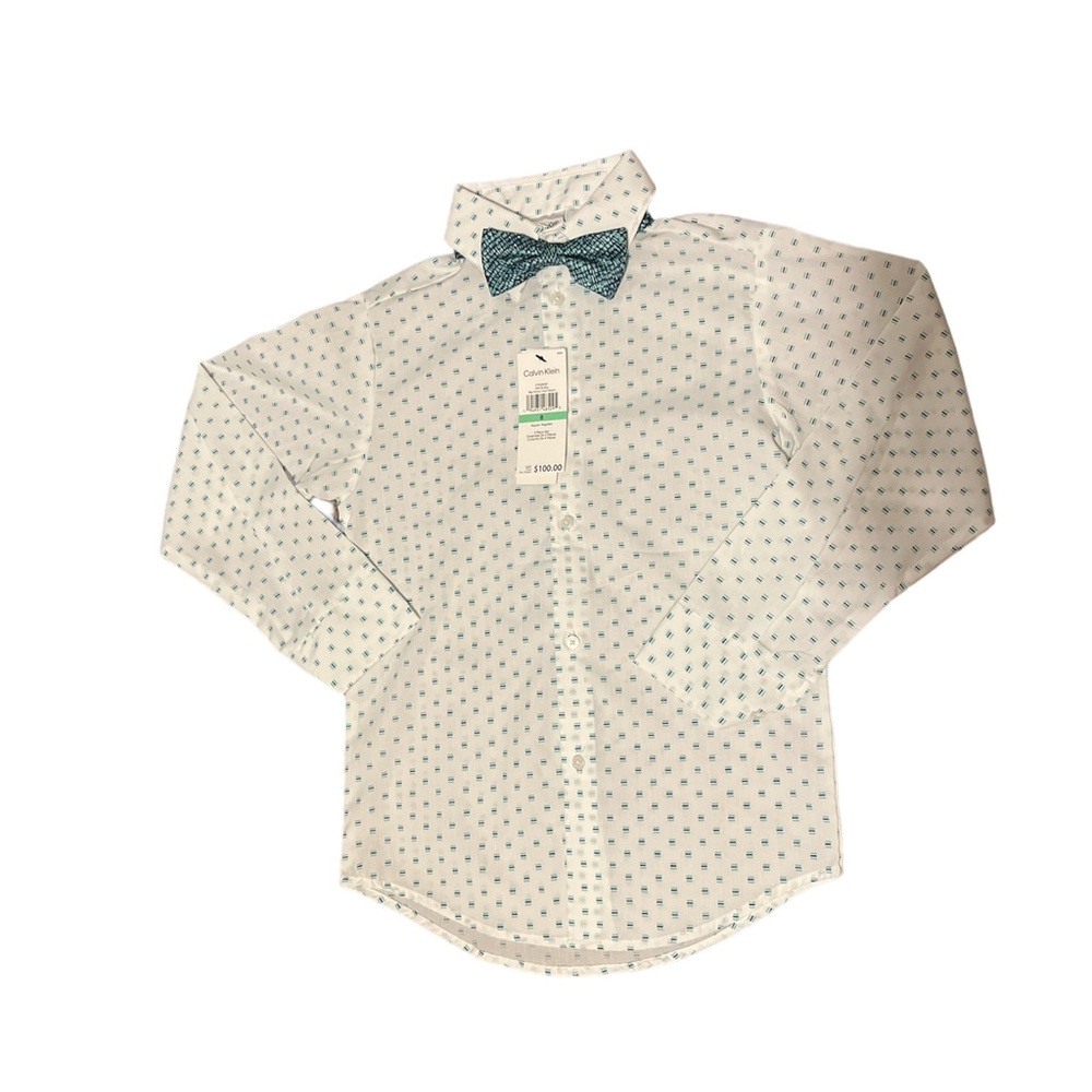 NWT White, Green, and Navy/Blue Calvin Klein Dress Shirt With a Velcro Bow Tie